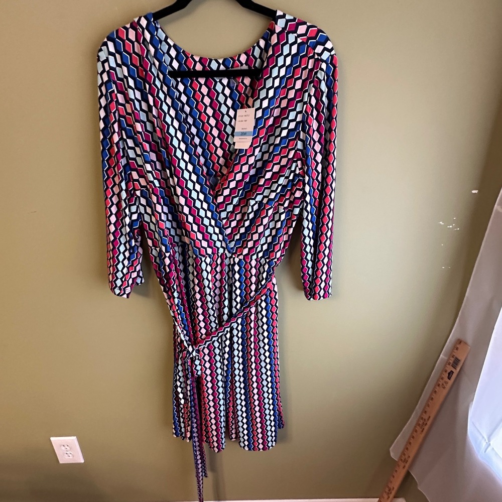 Danny & Nicole Women's 20W Navy Raspberry Geometric Midi Stretchy Dress‎